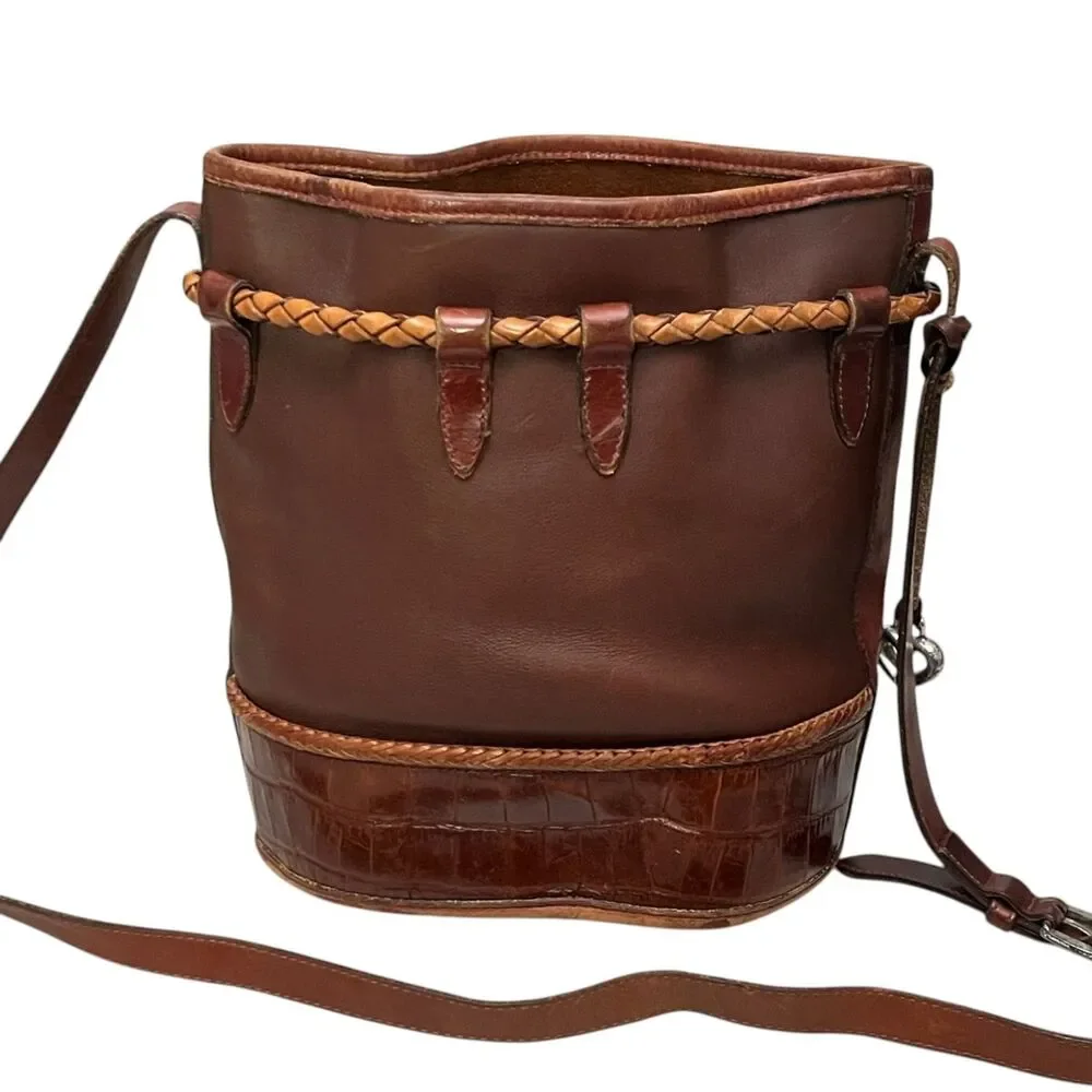 Brighton Vintage Brown Leather Bucket Bag Drawstring Crossbody Croc Trim Concho - Picture 3 of 11